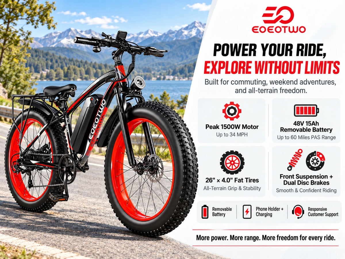 EOEOTWO 26" Fat Tire Electric Bike for Adults, 1000W Motor 1500W Peak, 48V 15Ah Battery, 34 MPH Max Speed, Up to 60 Miles Long Range