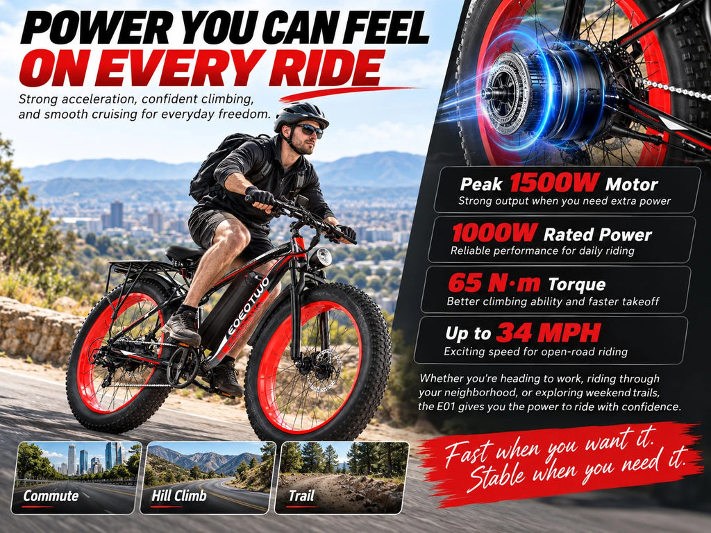 EOEOTWO 26" Fat Tire Electric Bike for Adults, 1000W Motor 1500W Peak, 48V 15Ah Battery, 34 MPH Max Speed, Up to 60 Miles Long Range